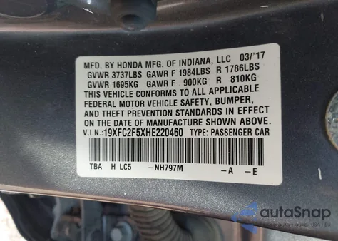 2017 Honda Civic Lx z USA, uszkodzony, nr VIN 19XFC2F5XHE220460